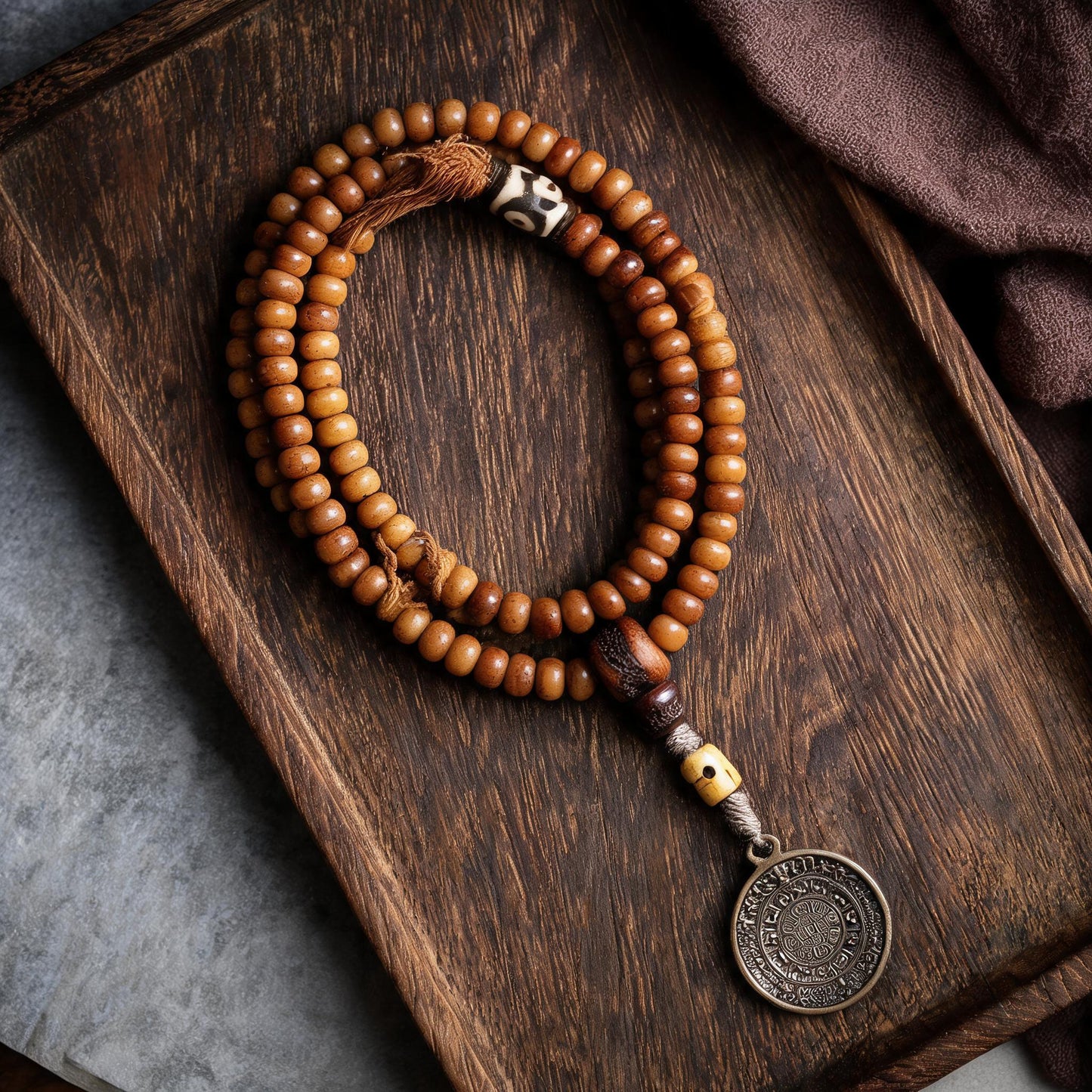 Natural yak bone 108 mala with Nine Palace pendant complete top view