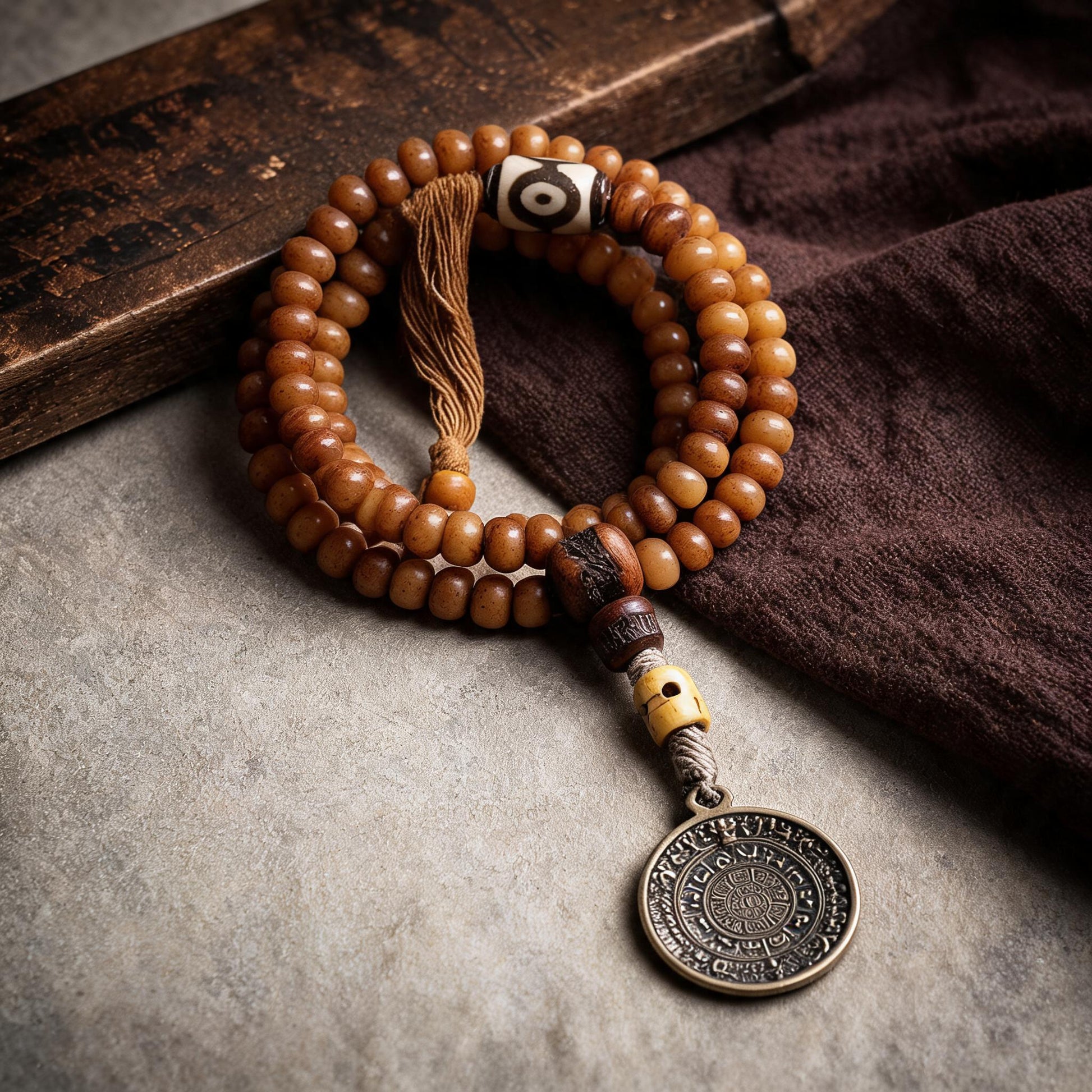 Natural yak bone 108 mala bead and tassel detail