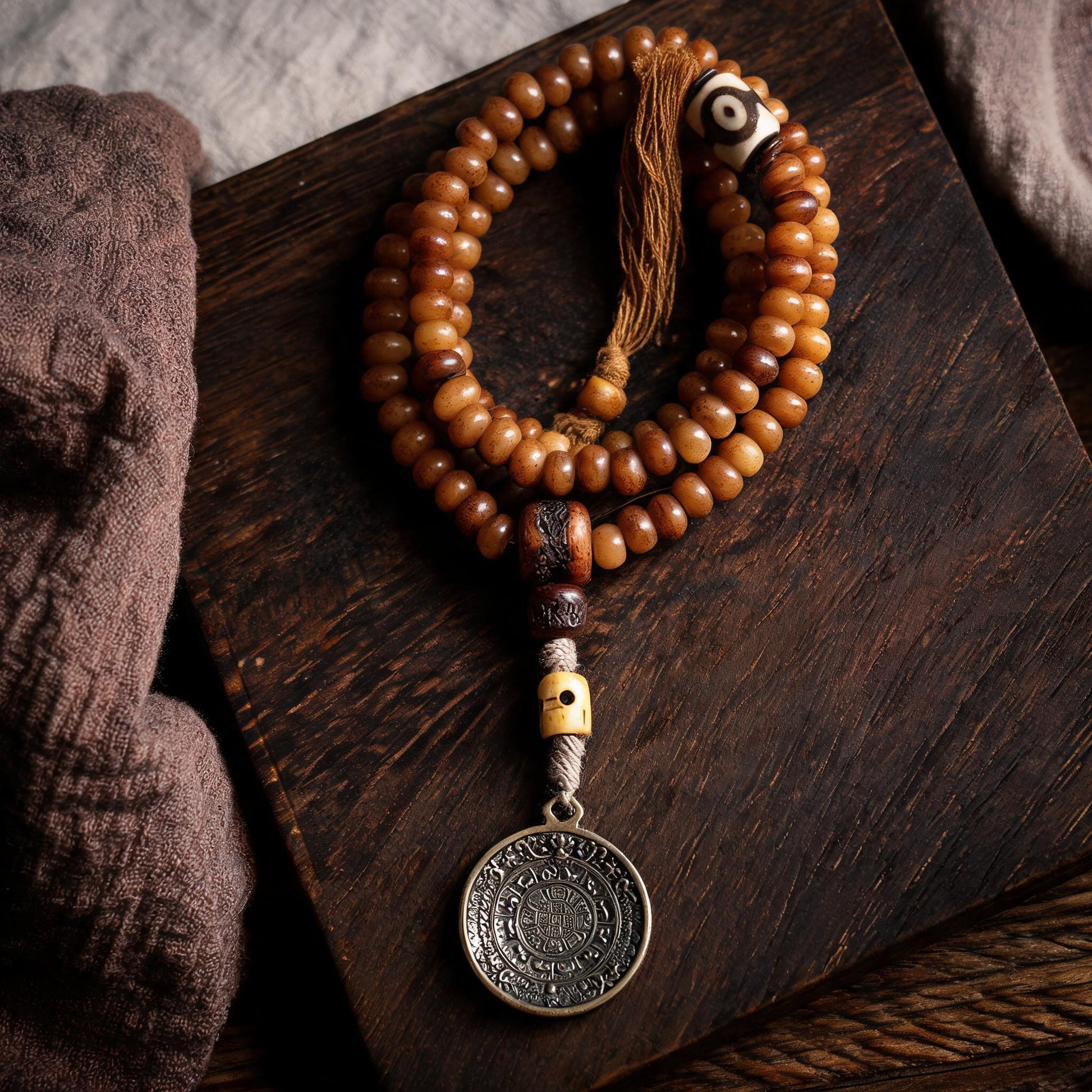 Natural yak bone 108 mala material and eye-pattern bead detail