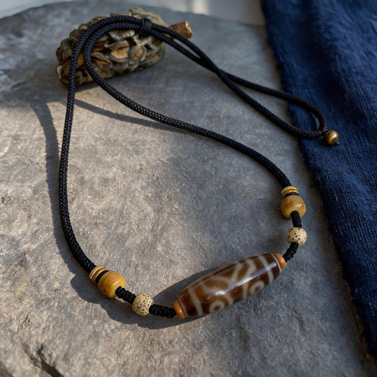 Handcrafted Three-Eye Agate & Bone Bead Necklace - front hero