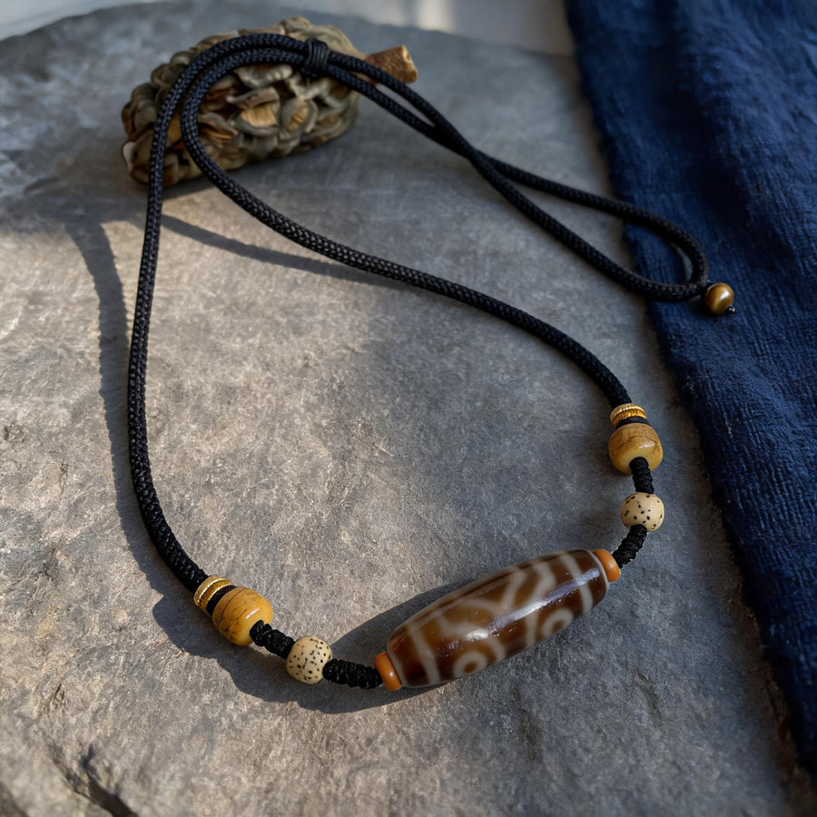 Handcrafted Three-Eye Agate & Bone Bead Necklace - front hero