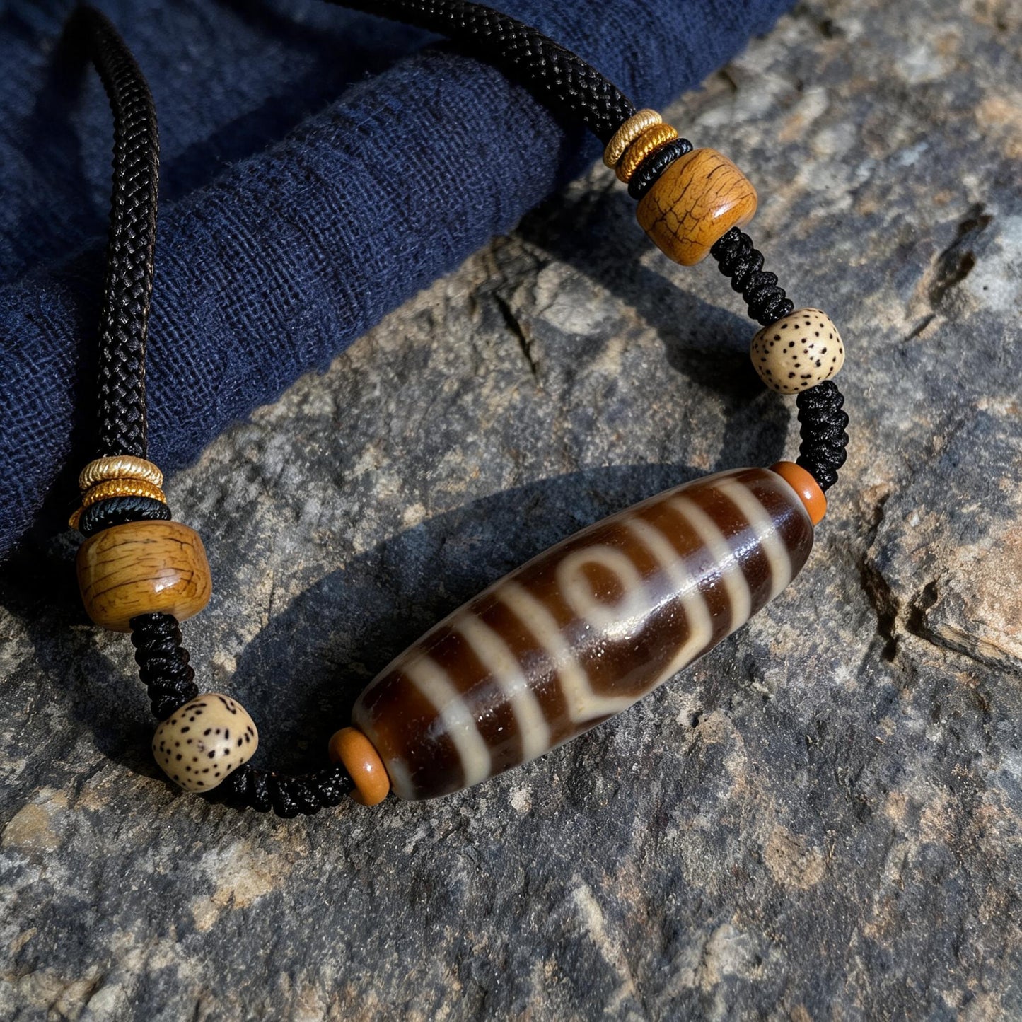 Handcrafted Three-Eye Agate & Bone Bead Necklace - three-quarter structure