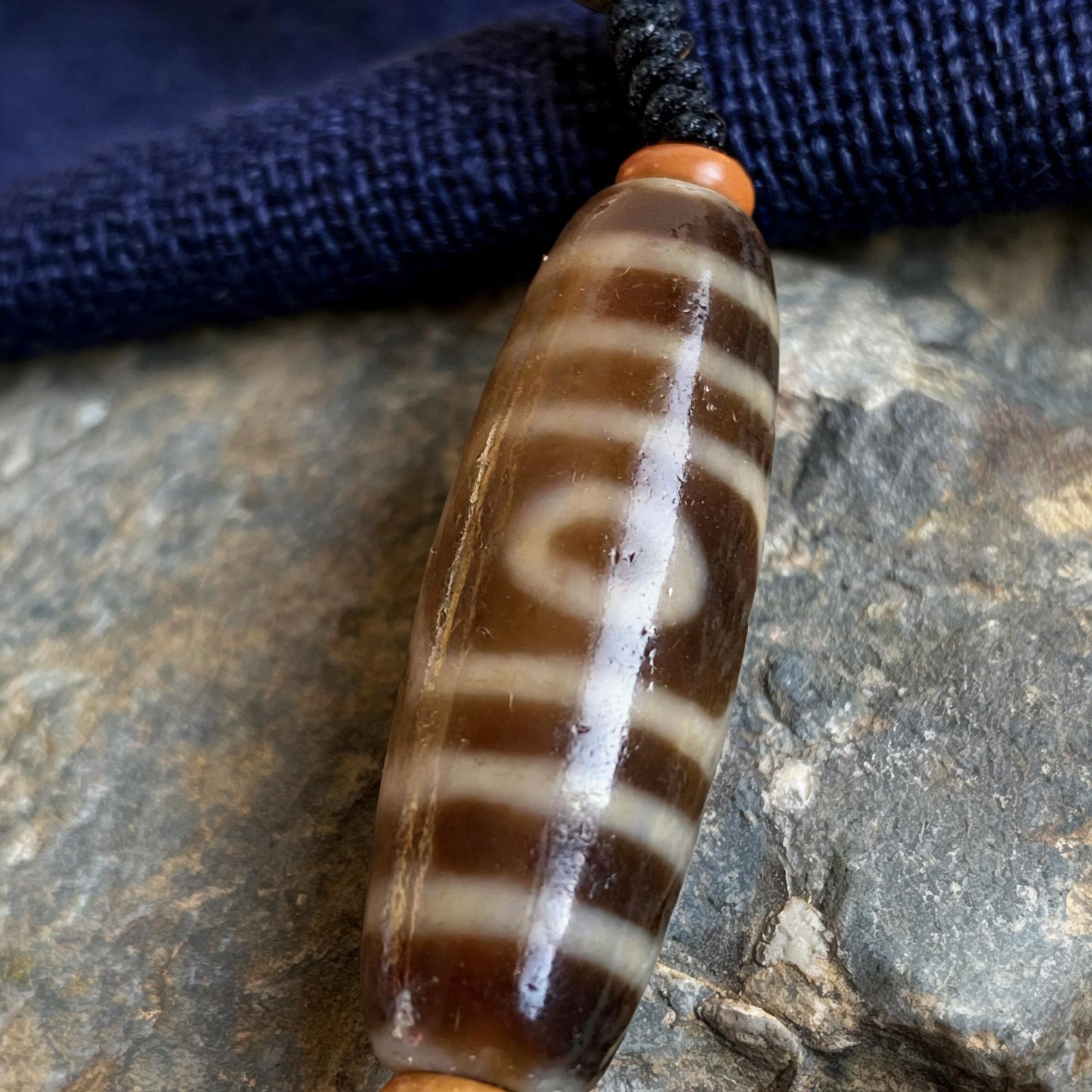 Handcrafted Three-Eye Agate & Bone Bead Necklace - Dzi surface macro
