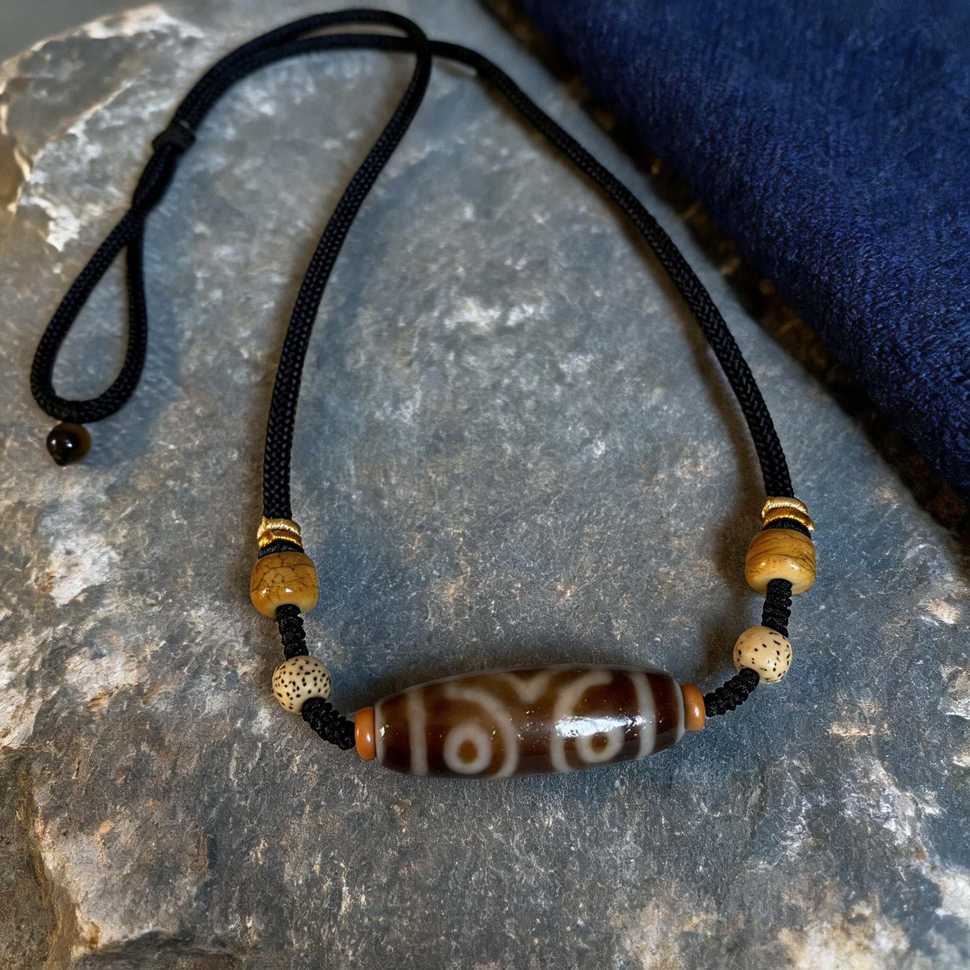 Handcrafted Three-Eye Agate & Bone Bead Necklace - handcraft detail