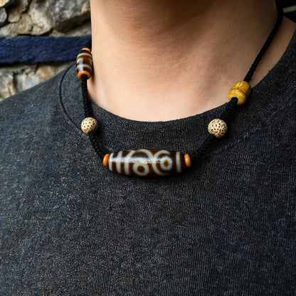 Handcrafted Three-Eye Agate & Bone Bead Necklace - wearing scale