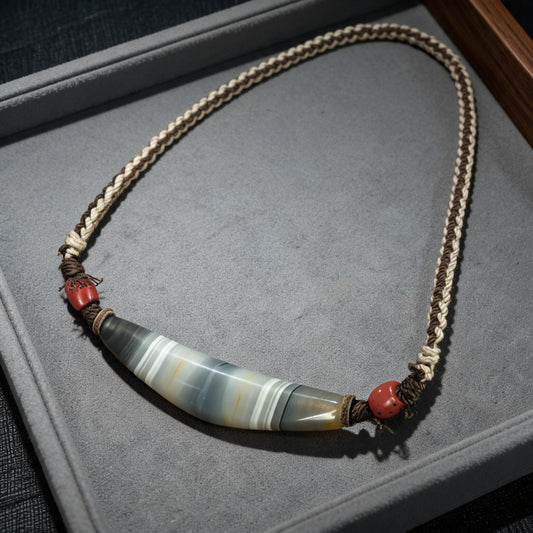 Collector-Grade Banded Horn-Form Dzi Necklace | One of One - three-quarter structure