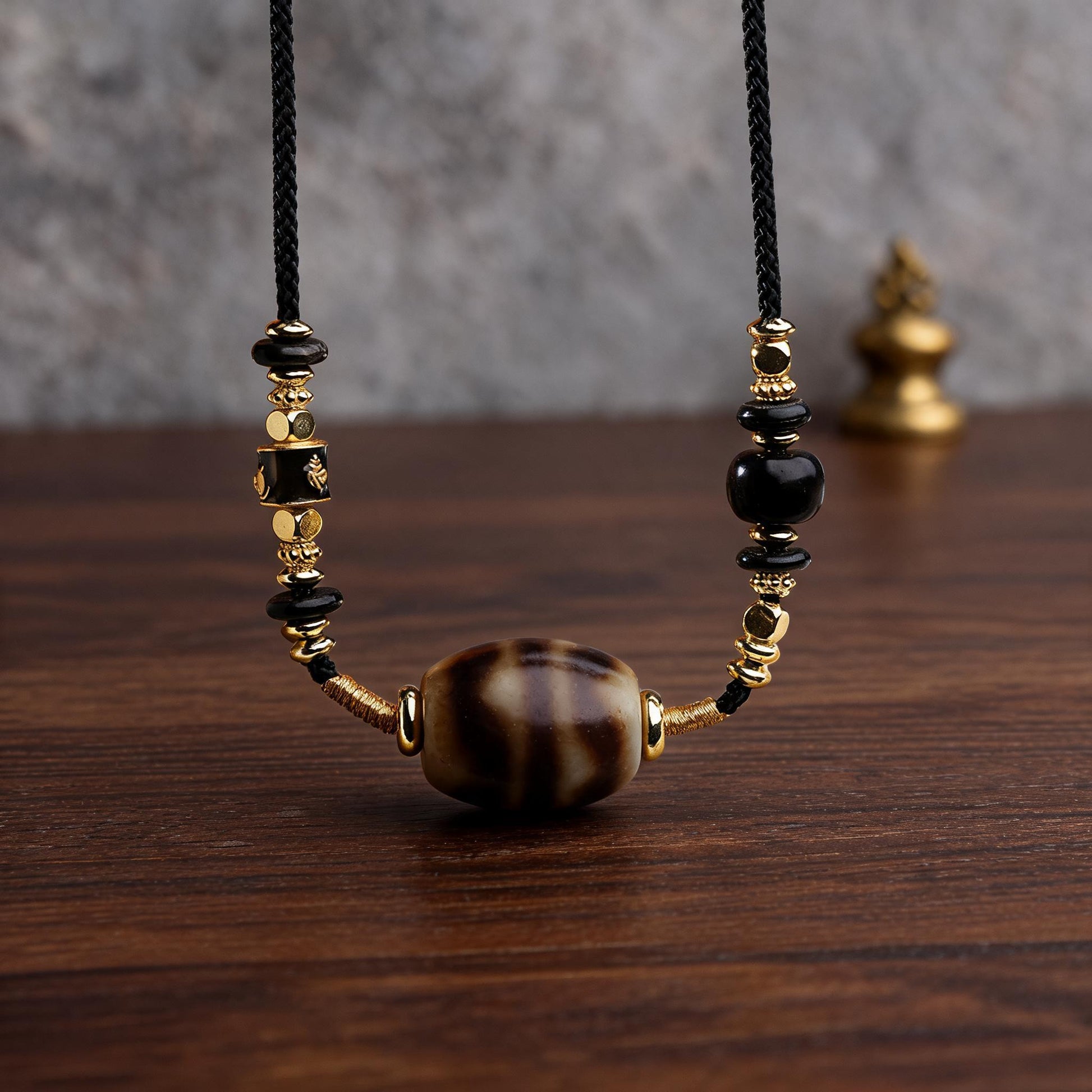 Handcrafted Three-Eye Dzi & Coconut Shell Necklace - three-quarter structure