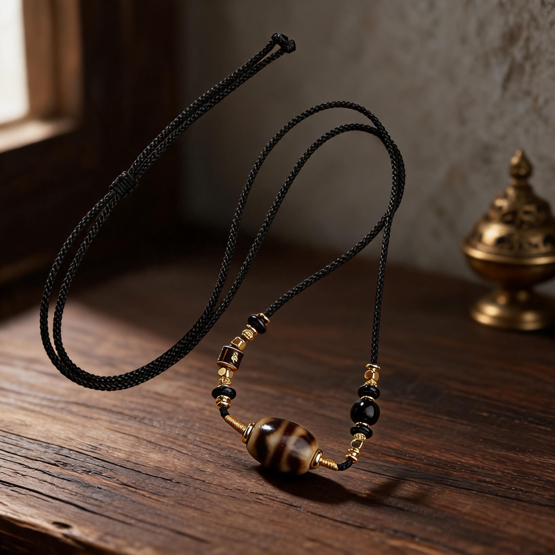 Handcrafted Three-Eye Dzi & Coconut Shell Necklace - Dzi surface macro