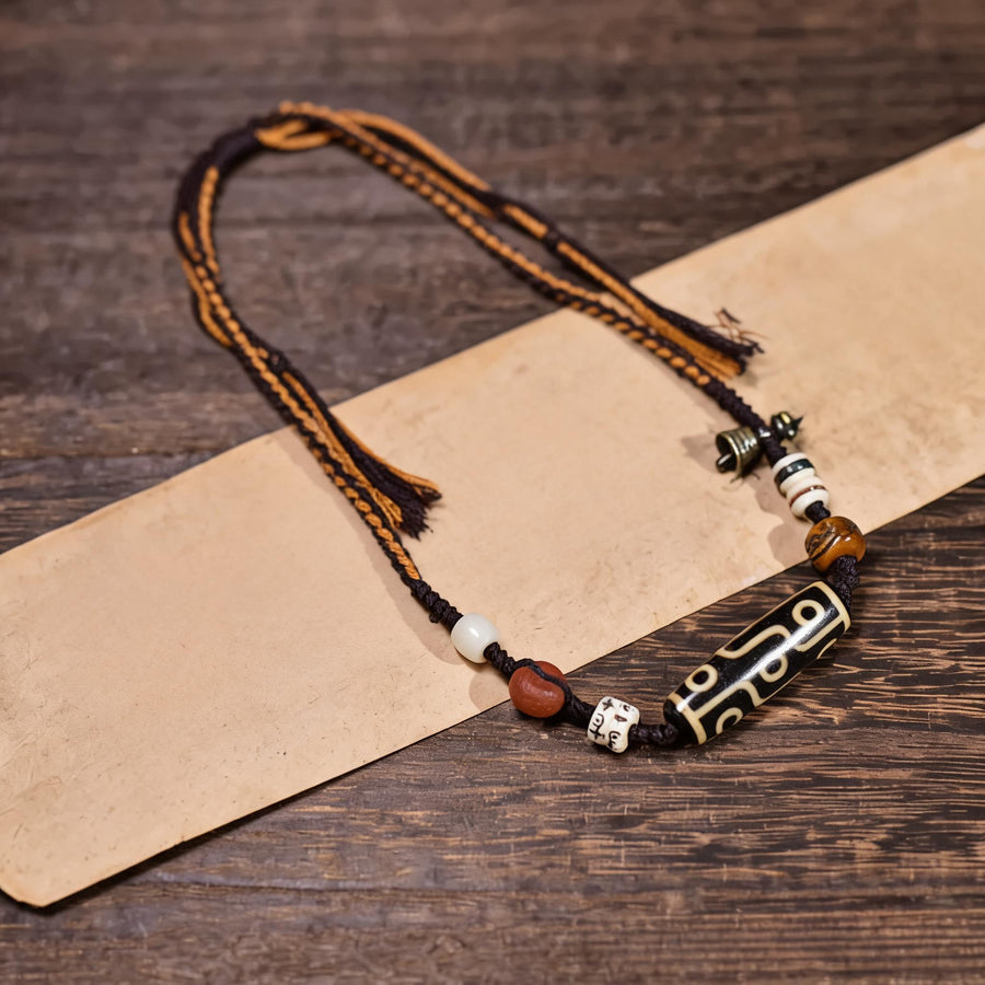 Handcrafted Horizontal Nine-Eye Dzi Necklace - front hero