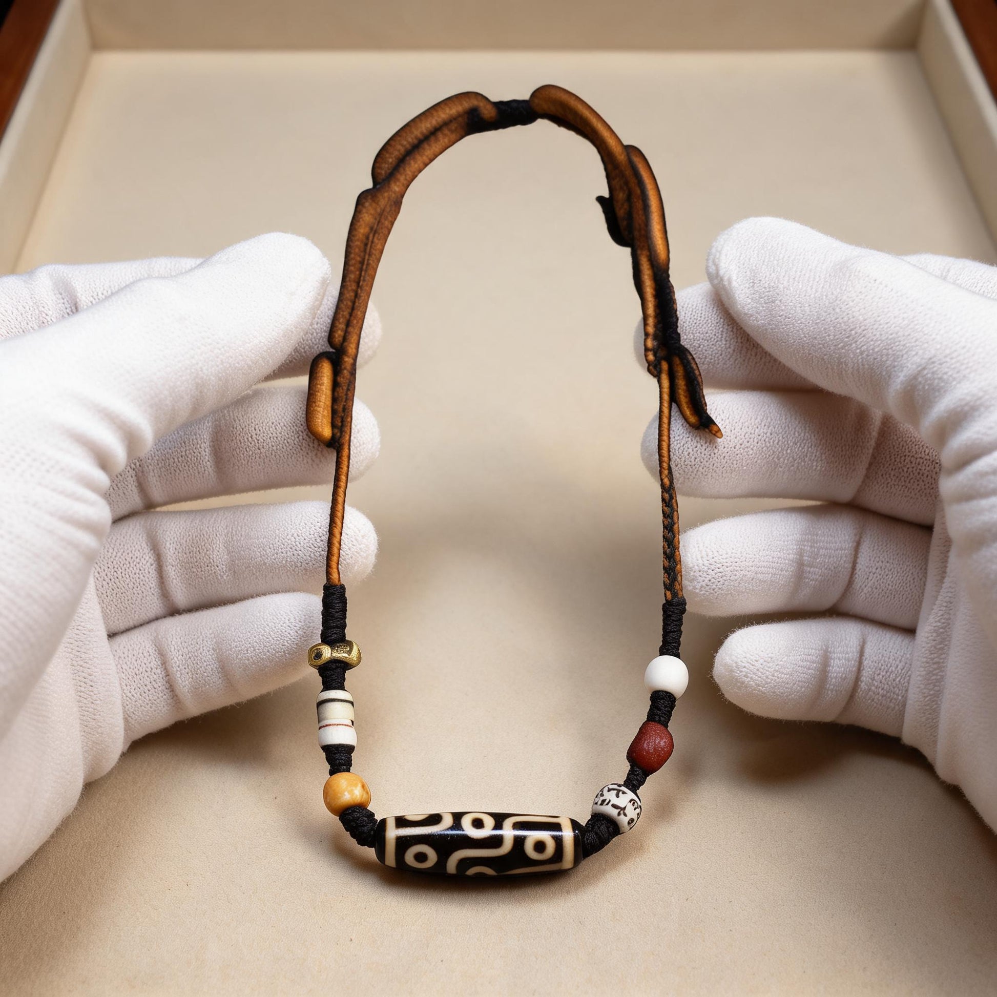 Handcrafted Horizontal Nine-Eye Dzi Necklace - white-glove scale