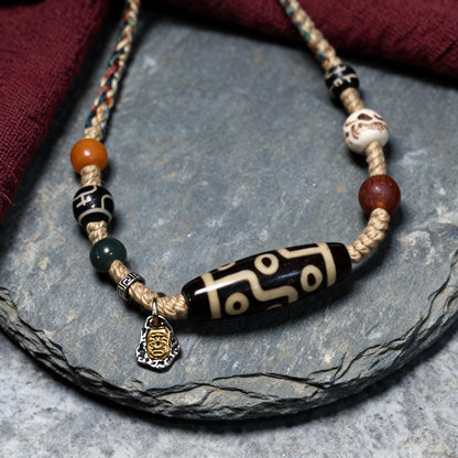 Handcrafted Nine-Eye Dzi Braided Necklace - three-quarter structure