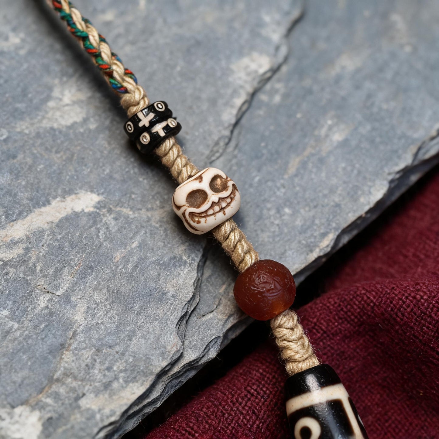 Handcrafted Nine-Eye Dzi Braided Necklace - Dzi surface macro