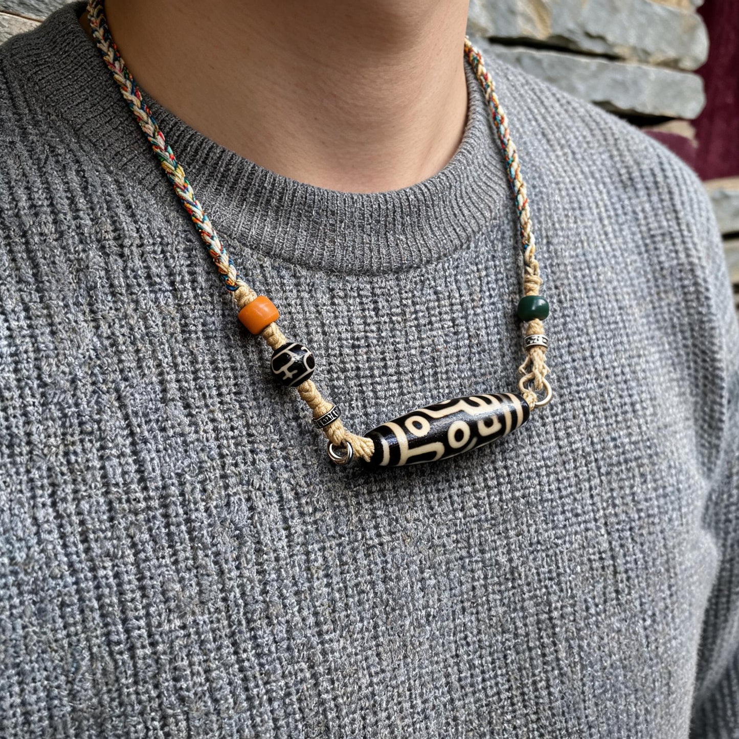 Handcrafted Nine-Eye Dzi Braided Necklace - wearing scale