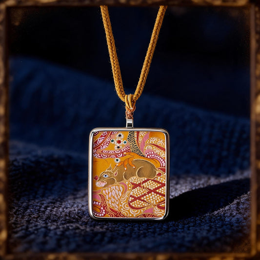 Yellow Jambhala hand painted thangka pendant necklace main view
