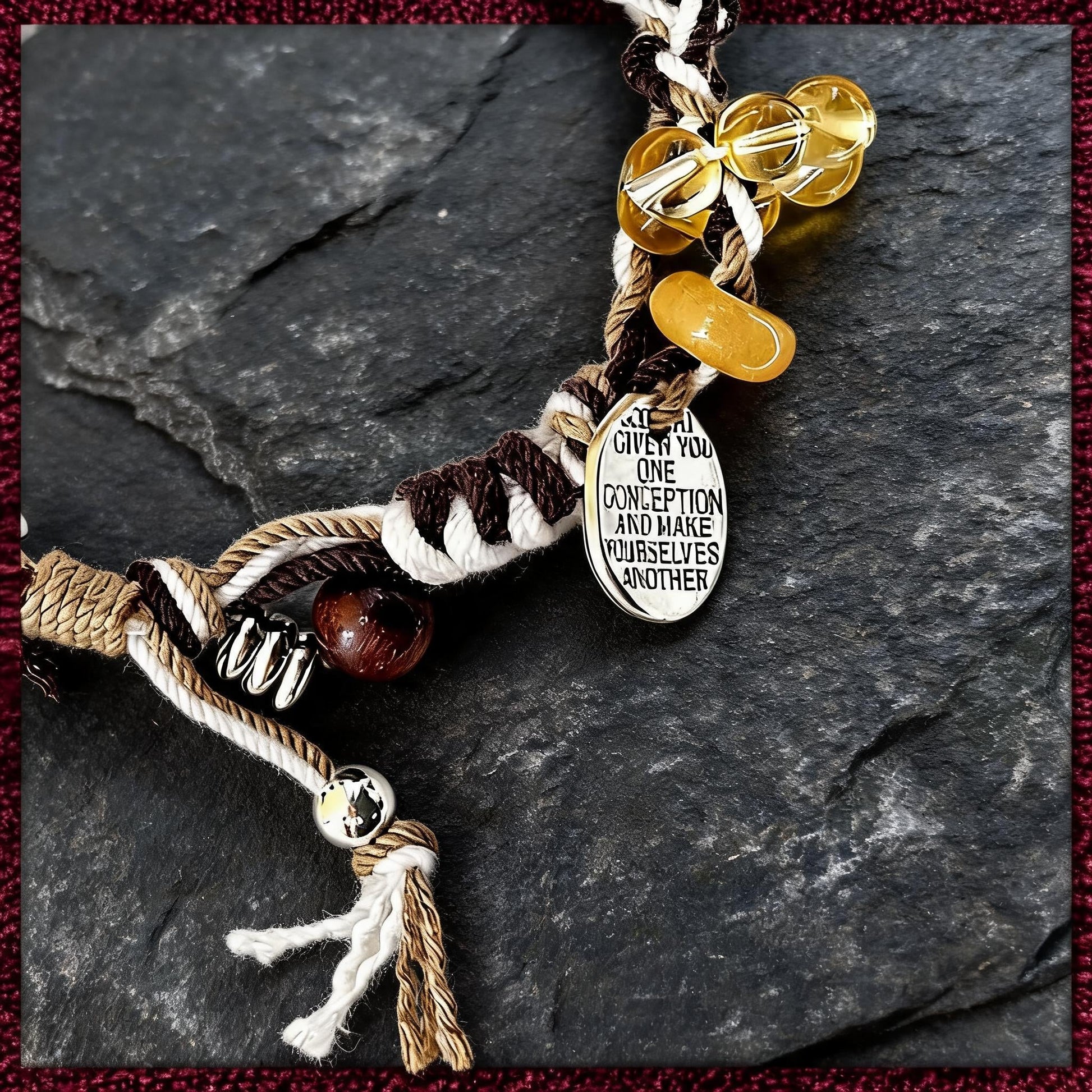 Wine Purple Large-Bead Agate Braided Bracelet braid and charm detail