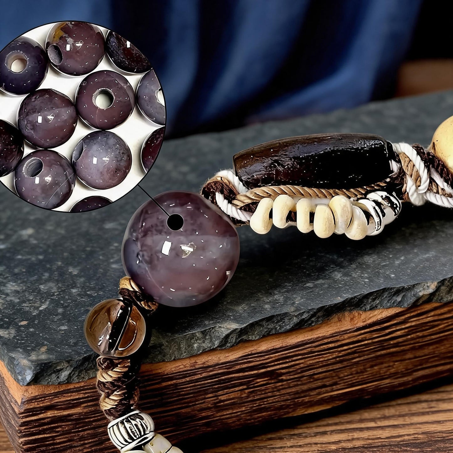 Deep Purple Large-Bead Agate Braided Bracelet bead detail