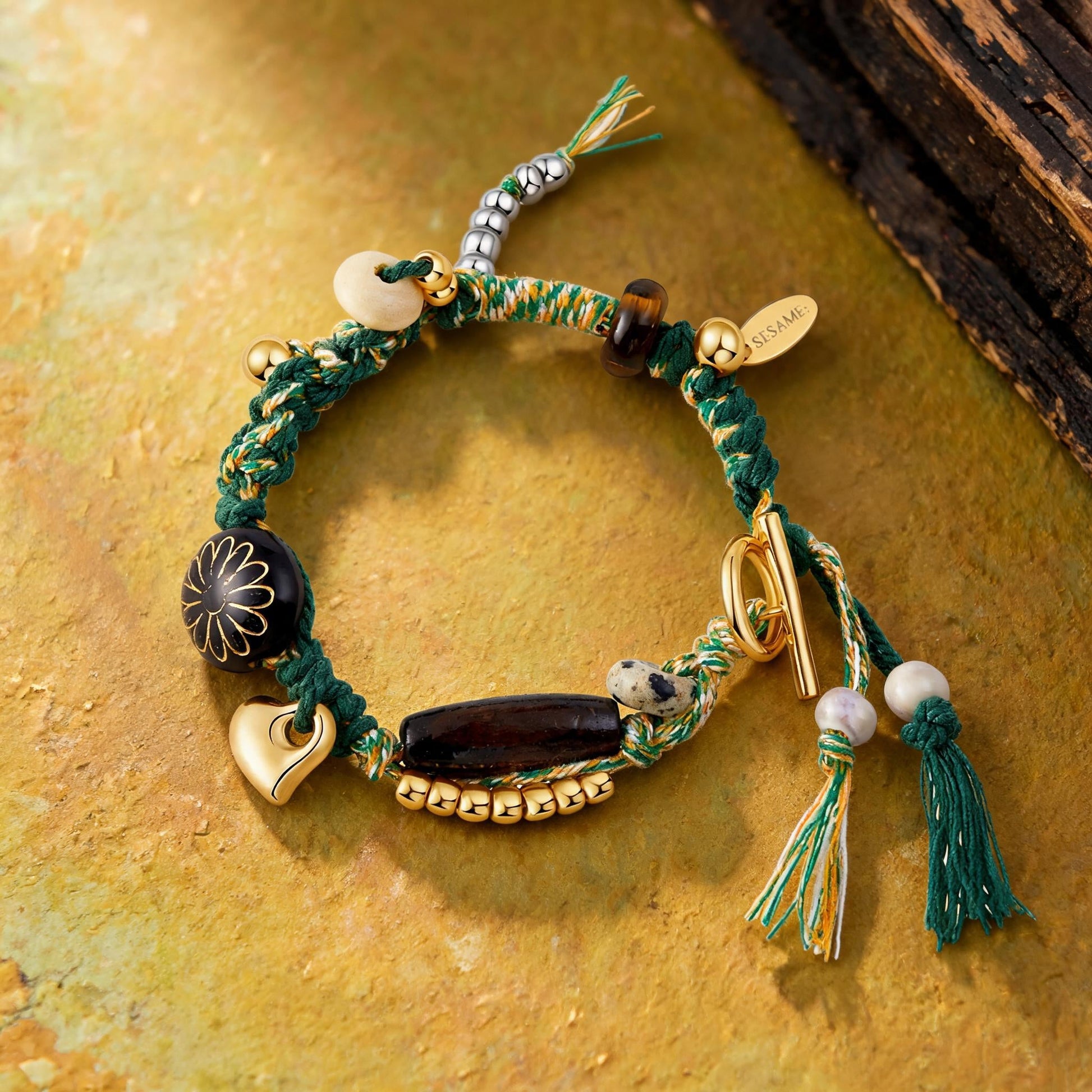 Long Summer Meadow Agate Braided Bracelet - OT Gold Clasp front full view