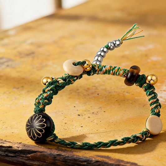 Long Summer Meadow Agate Braided Bracelet - OT Gold Clasp bead detail