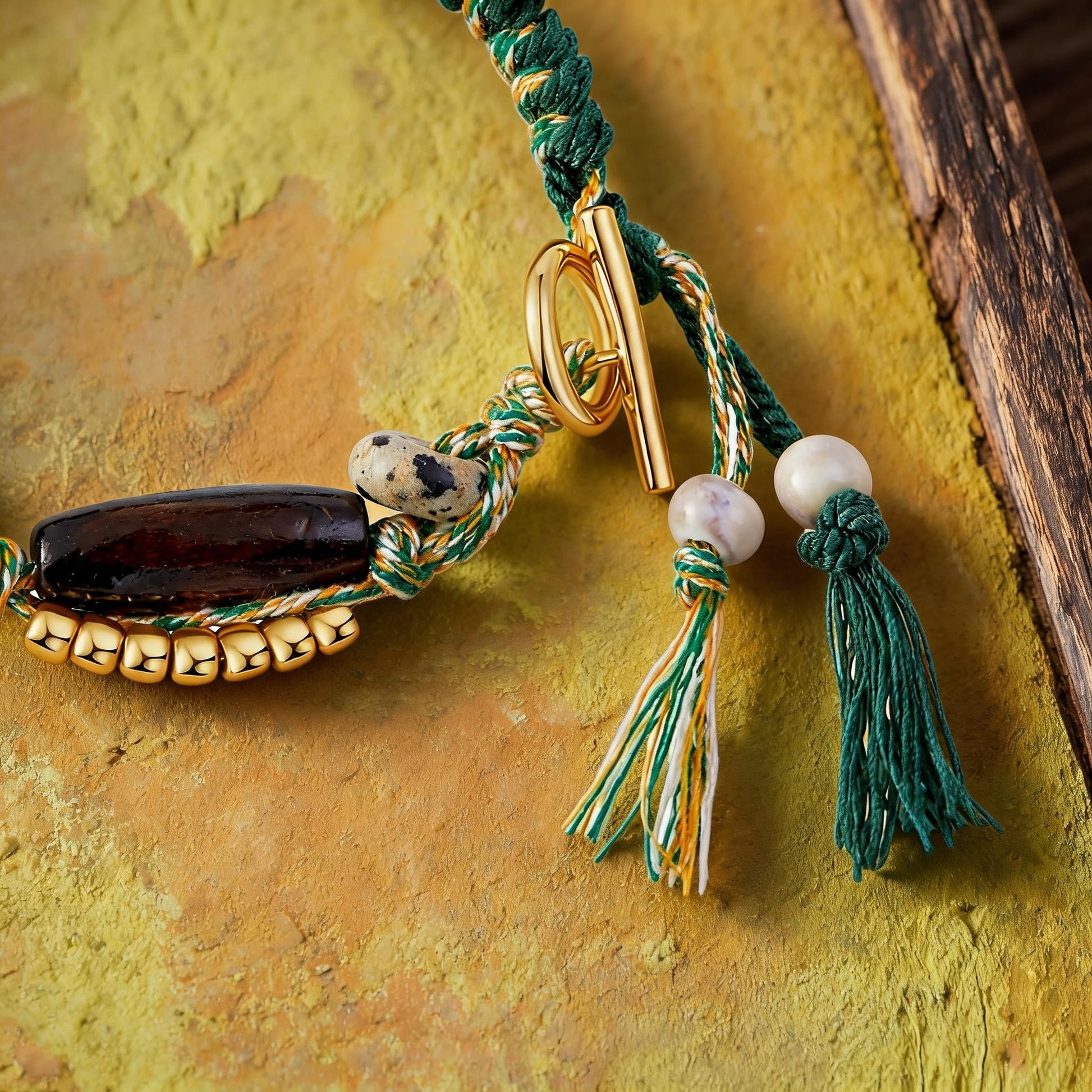 Long Summer Meadow Agate Braided Bracelet - OT Gold Clasp braid and charm detail