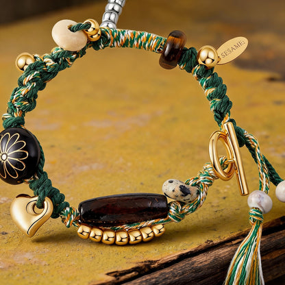 Long Summer Meadow Agate Braided Bracelet - OT Gold Clasp texture close-up