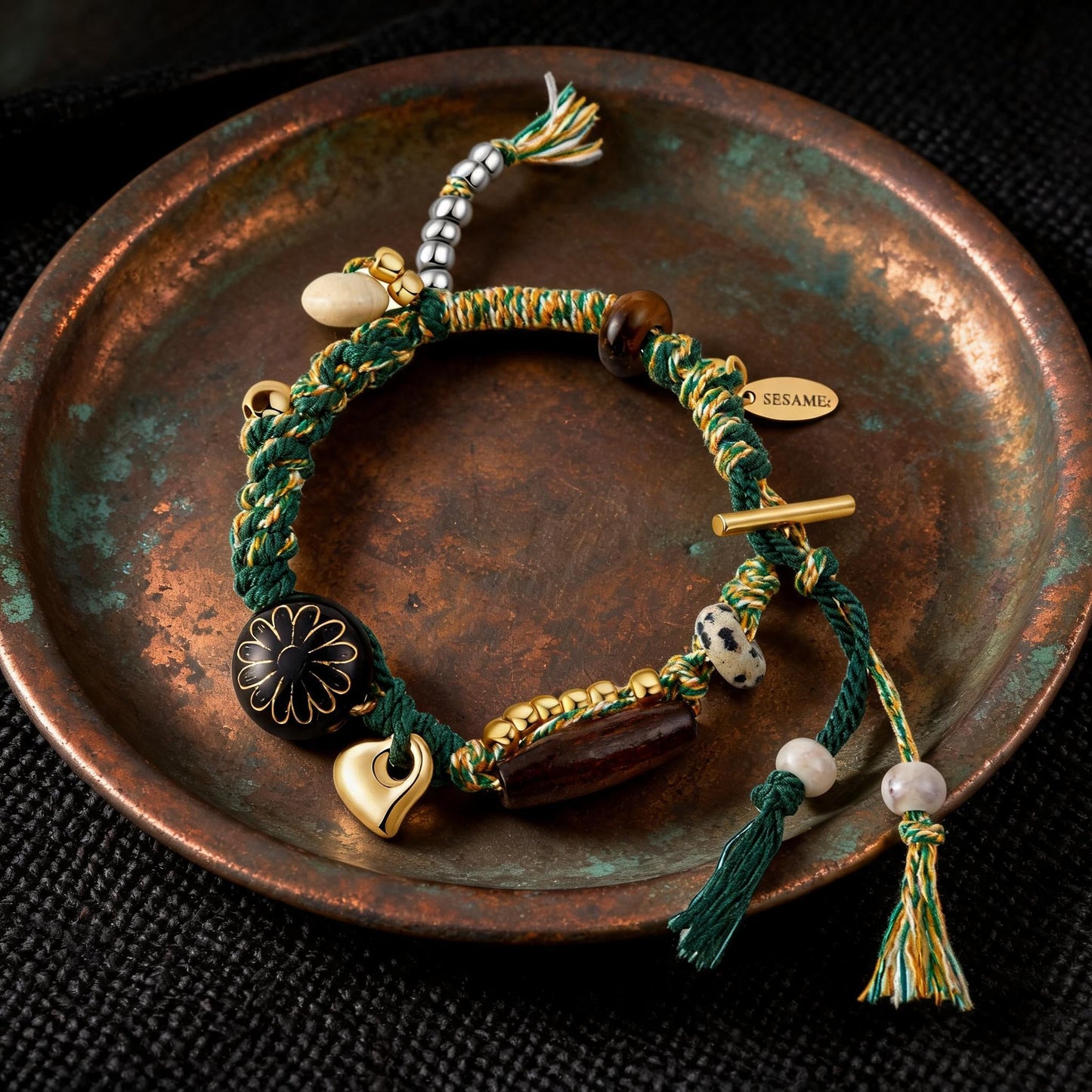 Long Summer Meadow Agate Braided Bracelet - T Gold Clasp front full view