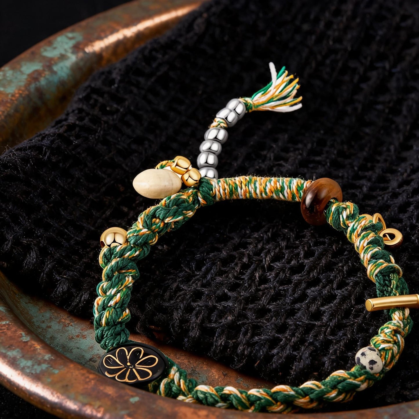 Long Summer Meadow Agate Braided Bracelet - T Gold Clasp bead detail