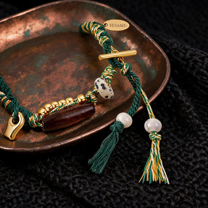Long Summer Meadow Agate Braided Bracelet - T Gold Clasp braid and charm detail