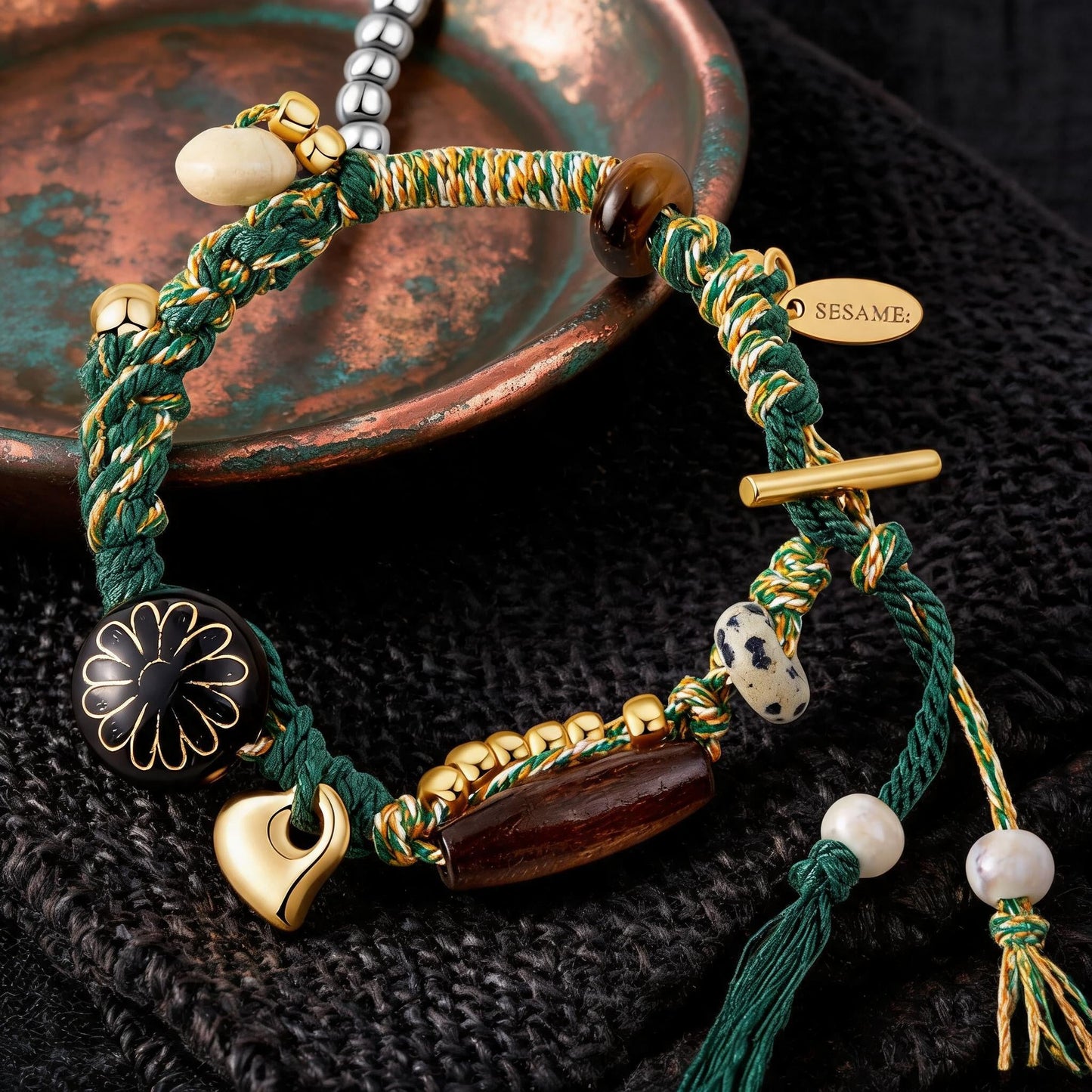 Long Summer Meadow Agate Braided Bracelet - T Gold Clasp texture close-up
