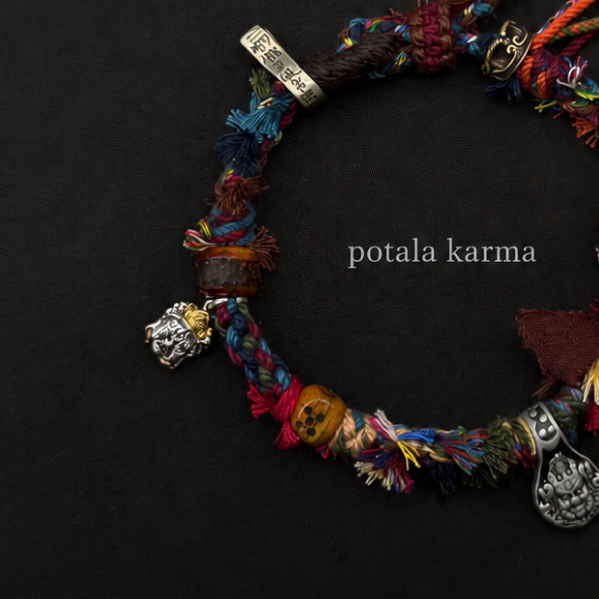 One-of-a-Kind Patchwork Braided Charm Bracelet - hand-braided cord and material detail