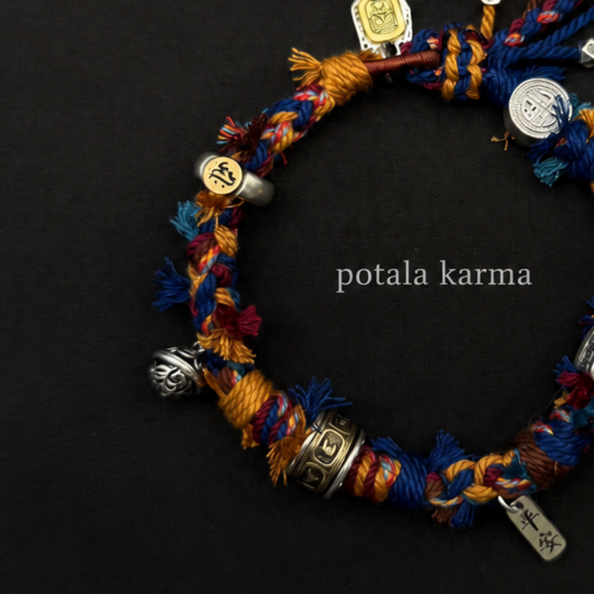 One-of-a-Kind Multicolor Braided Multi-Charm Bracelet - hand-braided cord and material detail