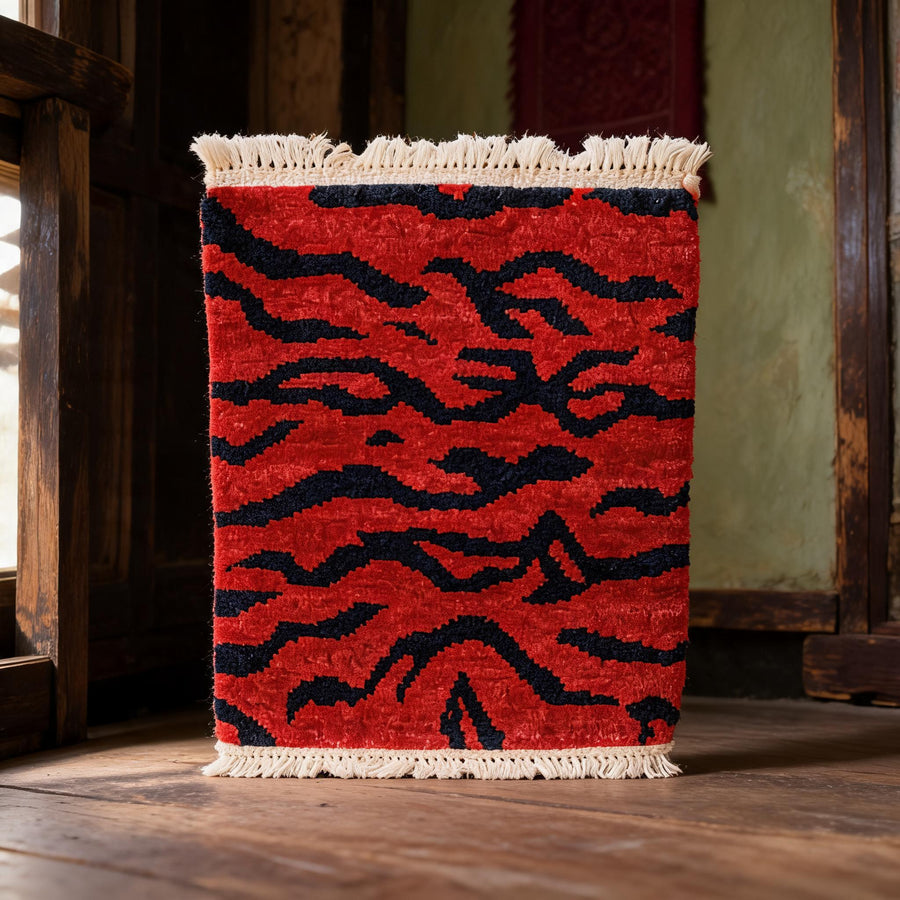 Crimson Tiger Stripe Mini Tibetan Rug front hero view