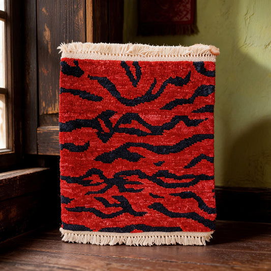 Crimson Blue Tiger Stripe Mini Tibetan Rug front hero view