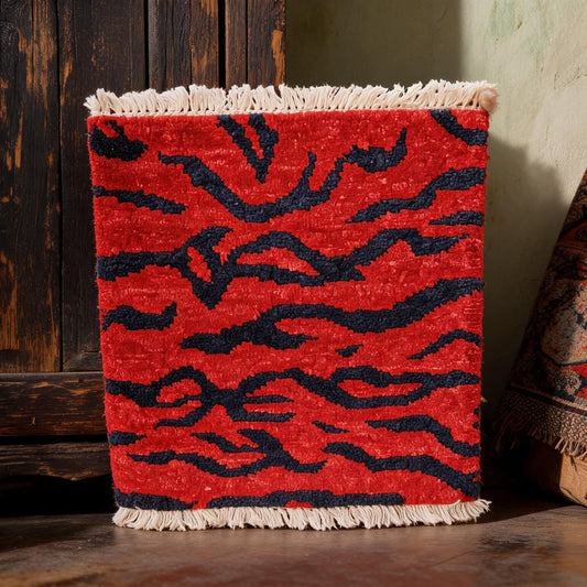 Vermilion Blue Tiger Stripe Mini Tibetan Rug front hero view