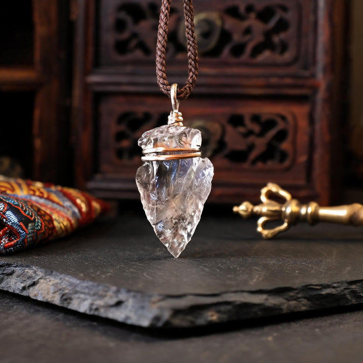 Mount Kailash Natural Clear Quartz Arrowhead Pendant Necklace - Adjustable Cord