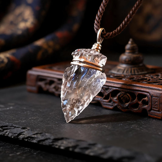 Clear quartz arrowhead pendant necklace with adjustable cord chain three quarter view