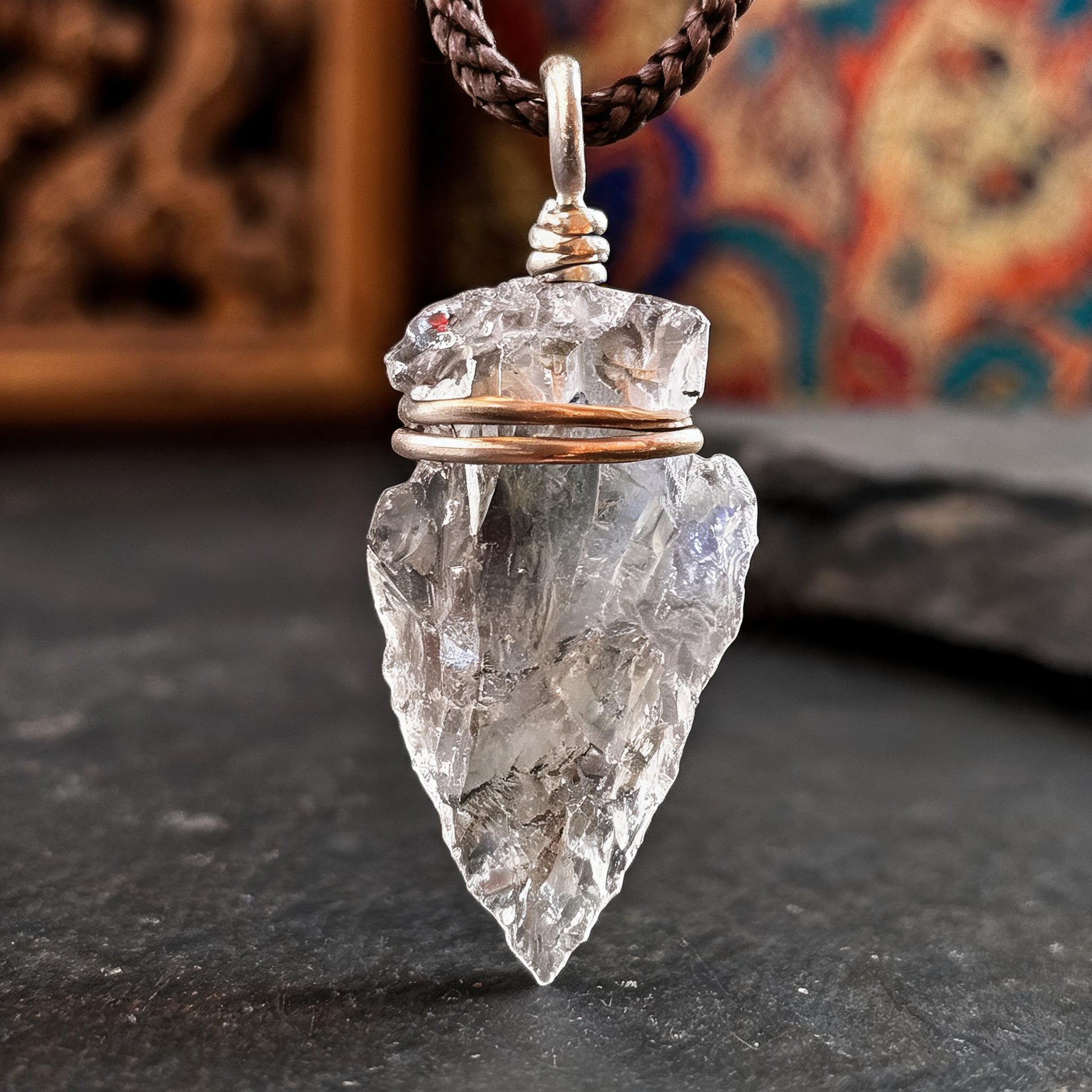 Clear quartz arrowhead pendant necklace with adjustable cord chain wire wrapping detail