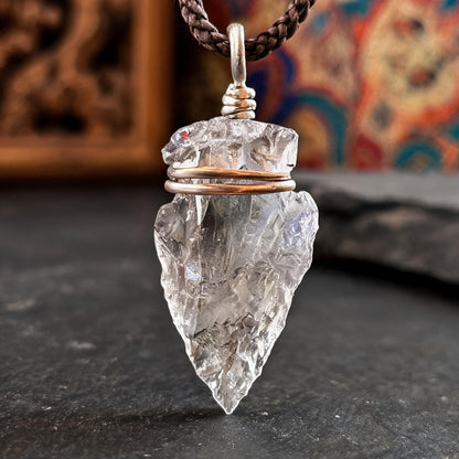 Clear quartz arrowhead pendant necklace with adjustable cord chain wire wrapping detail