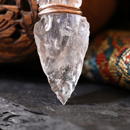 Clear quartz arrowhead pendant necklace with adjustable cord chain crystal tip detail