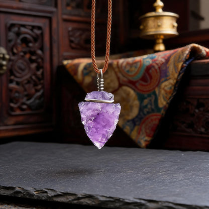 Amethyst arrowhead pendant necklace with adjustable cord chain front view