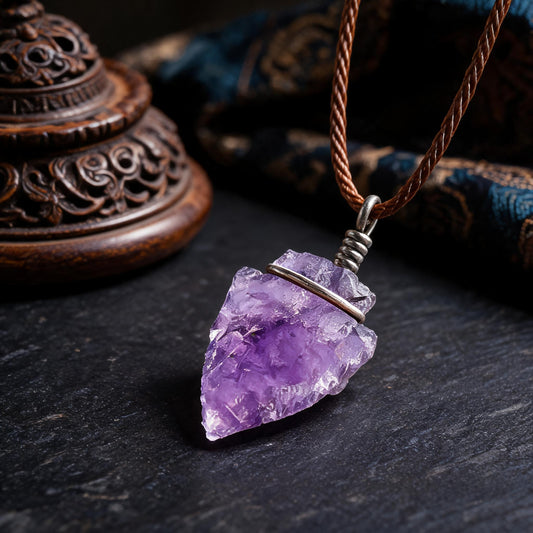 Amethyst arrowhead pendant necklace with adjustable cord chain three quarter view