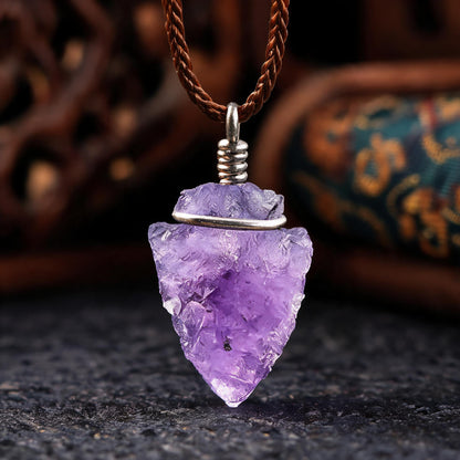 Amethyst arrowhead pendant necklace with adjustable cord chain wire wrapping detail