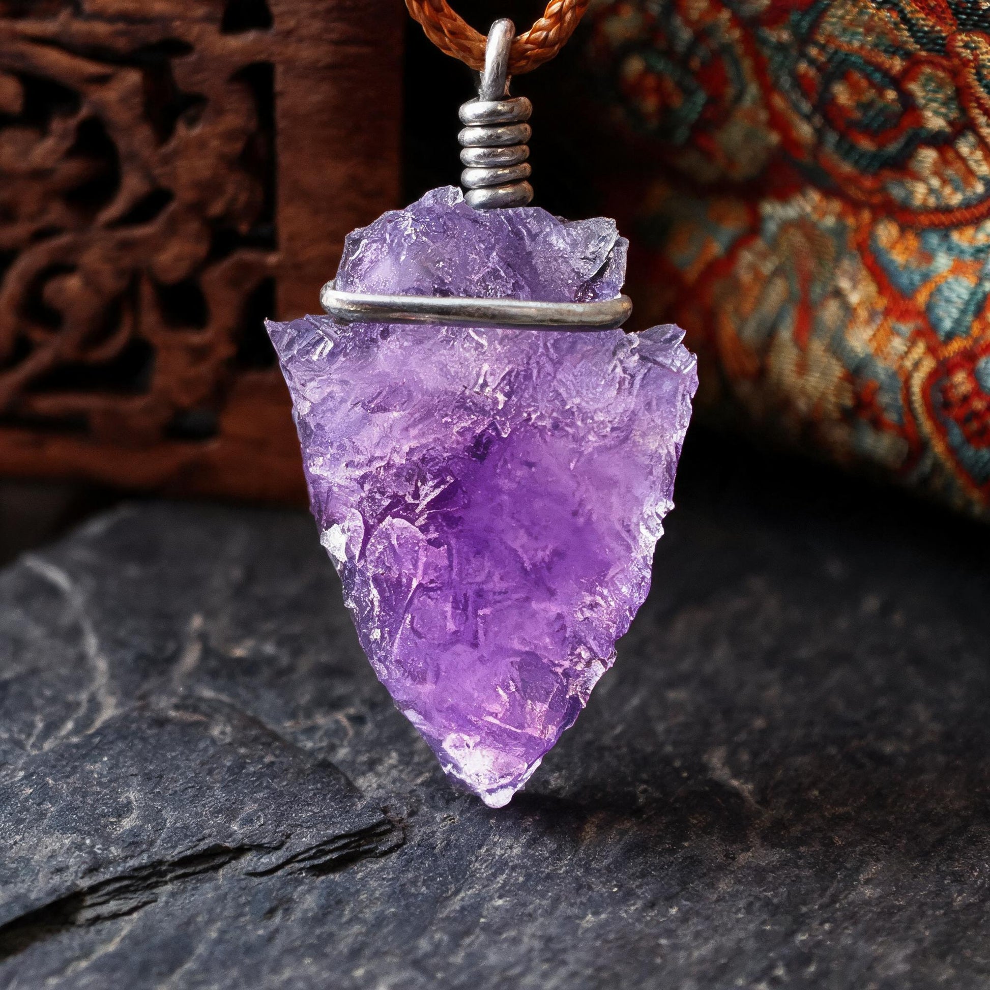Amethyst arrowhead pendant necklace with adjustable cord chain crystal tip detail