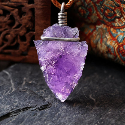 Amethyst arrowhead pendant necklace with adjustable cord chain crystal tip detail