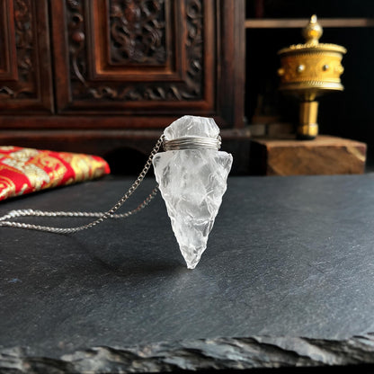 Clear quartz arrowhead pendant necklace with silver chain front view