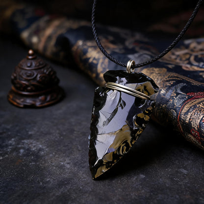 Black crystal arrowhead pendant necklace with adjustable cord chain three quarter view