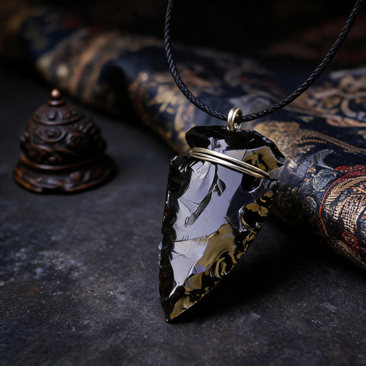 Black crystal arrowhead pendant necklace with adjustable cord chain three quarter view
