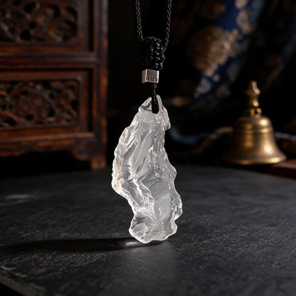 Himalayan clear quartz raw stone pendant necklace with adjustable black cord front view