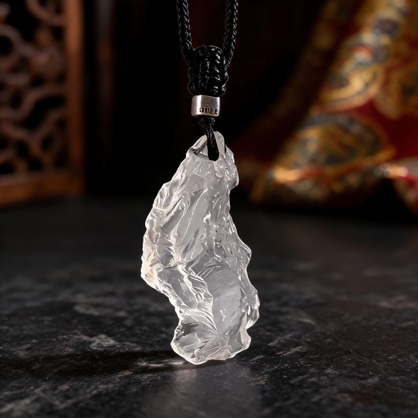Himalayan clear quartz raw stone pendant necklace with adjustable black cord cord knot detail