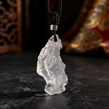 Himalayan clear quartz raw stone pendant necklace with adjustable black cord cord knot detail