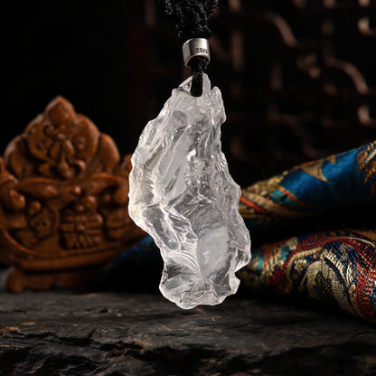 Himalayan clear quartz raw stone pendant necklace with adjustable black cord raw quartz detail